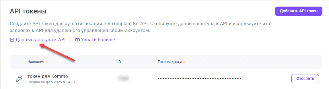 Данные доступа к API Данные доступа к API