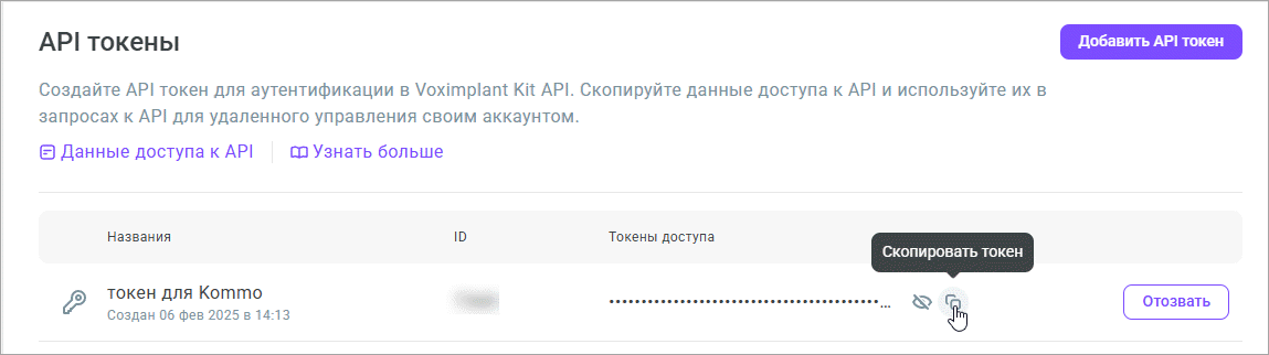 Скопировать API токен Скопировать API токен
