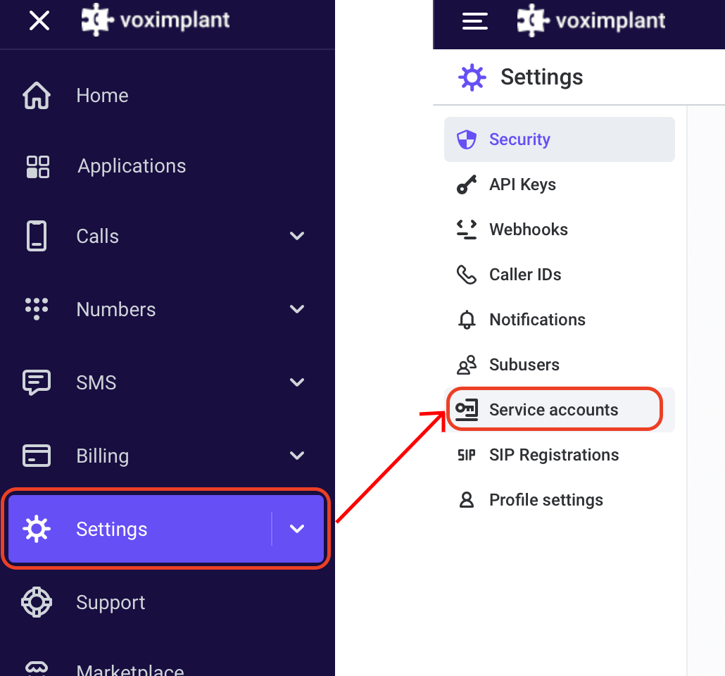 Service accounts in the menu Service accounts in the menu