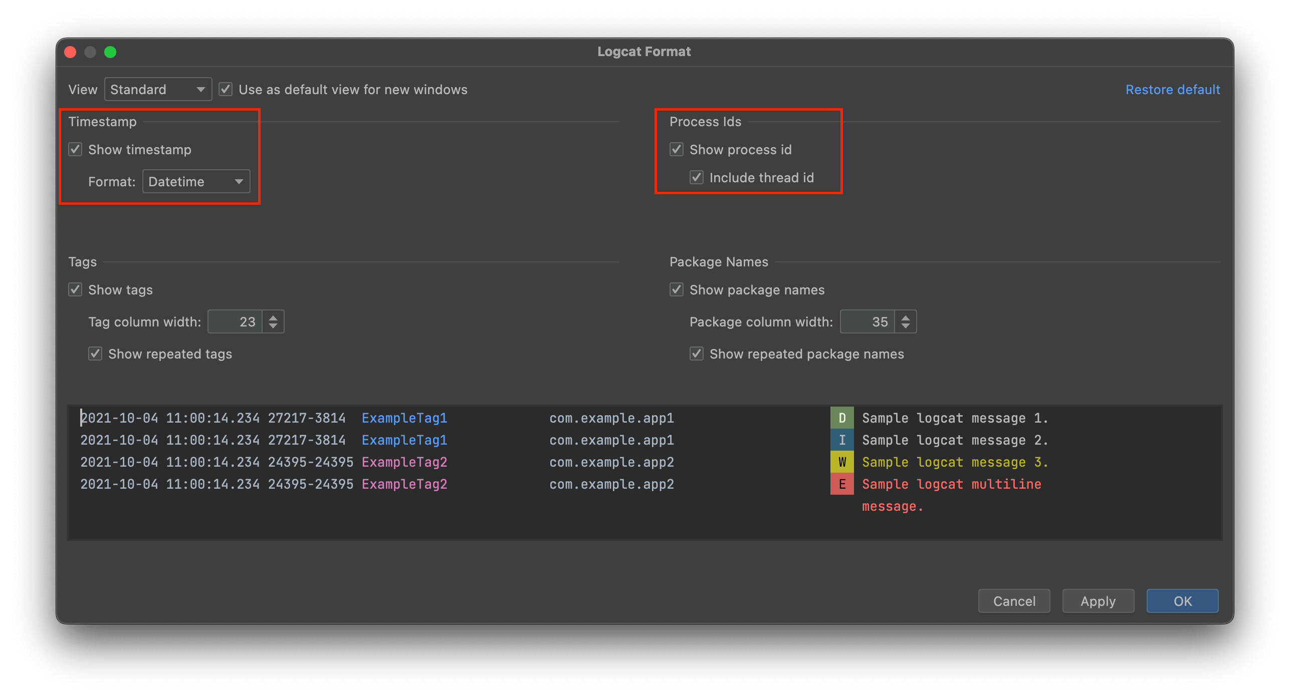 Logcat Formatting options Logcat Formatting options